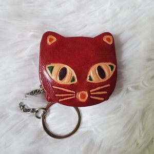 Cat Coin Purse Leather Red Key Chain NWOT
